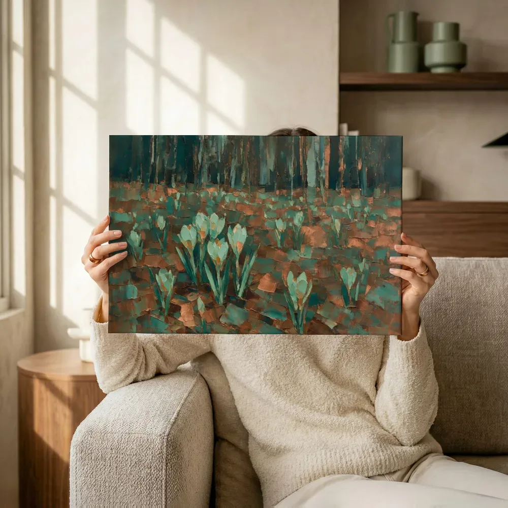 Sfeerimpressie: Krokus aan de bosrand in zeegroen terwijl het omhoog wordt gehouden