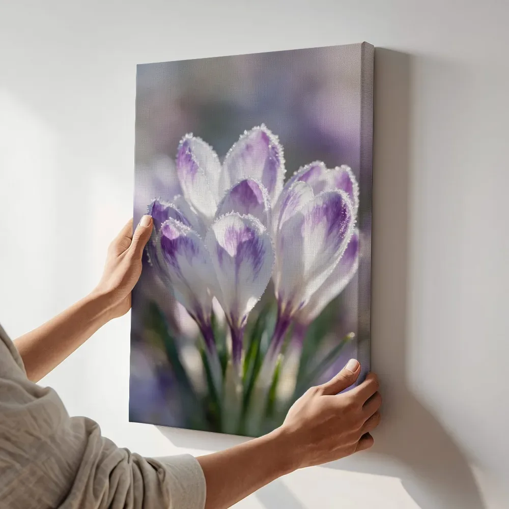 Sfeerimpressie: Krokus in de vorst, wit met paarse veren 3 terwijl het aan de muur wordt gehangen