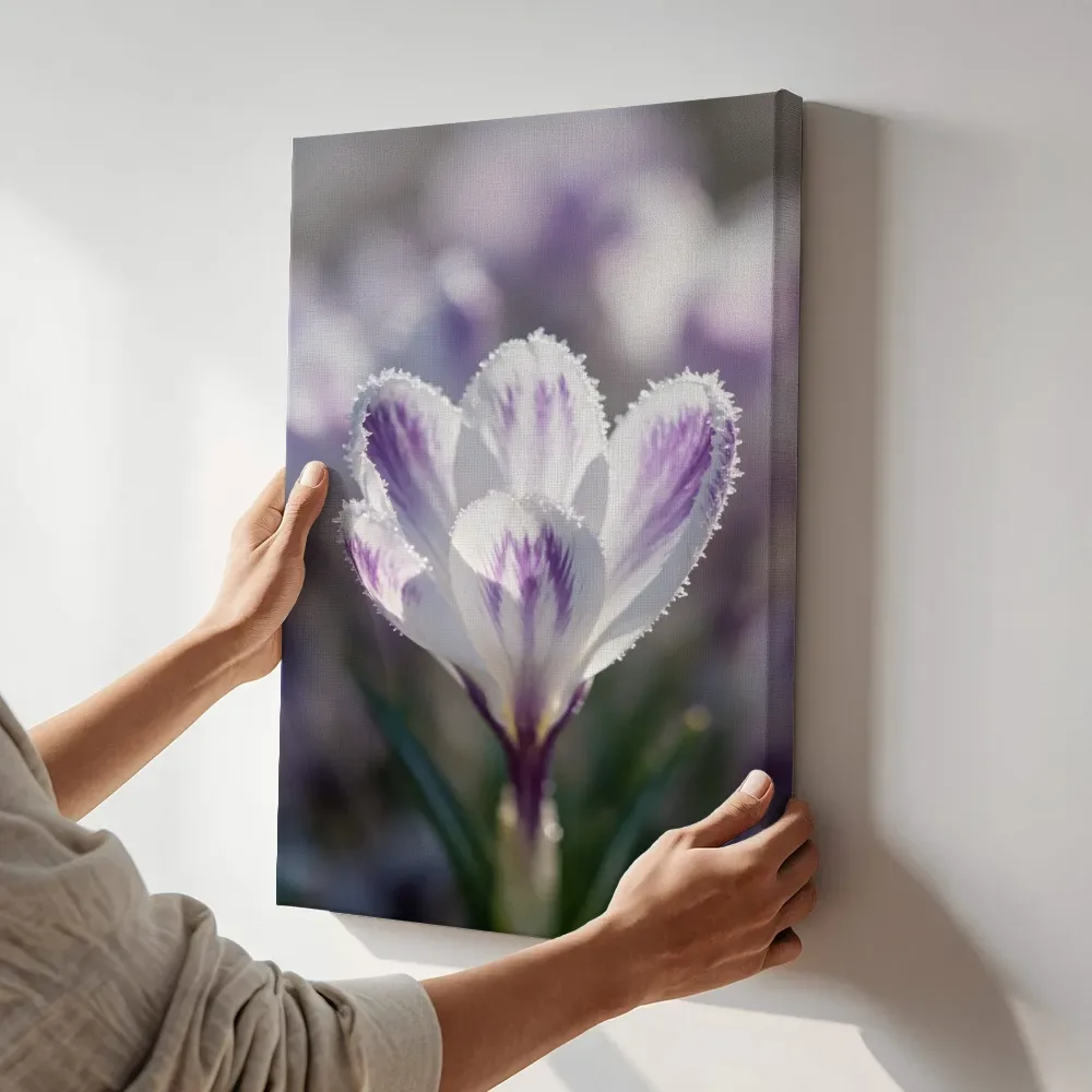 Sfeerimpressie: Krokus in de vorst, wit met paarse veren 6 terwijl het aan de muur wordt gehangen