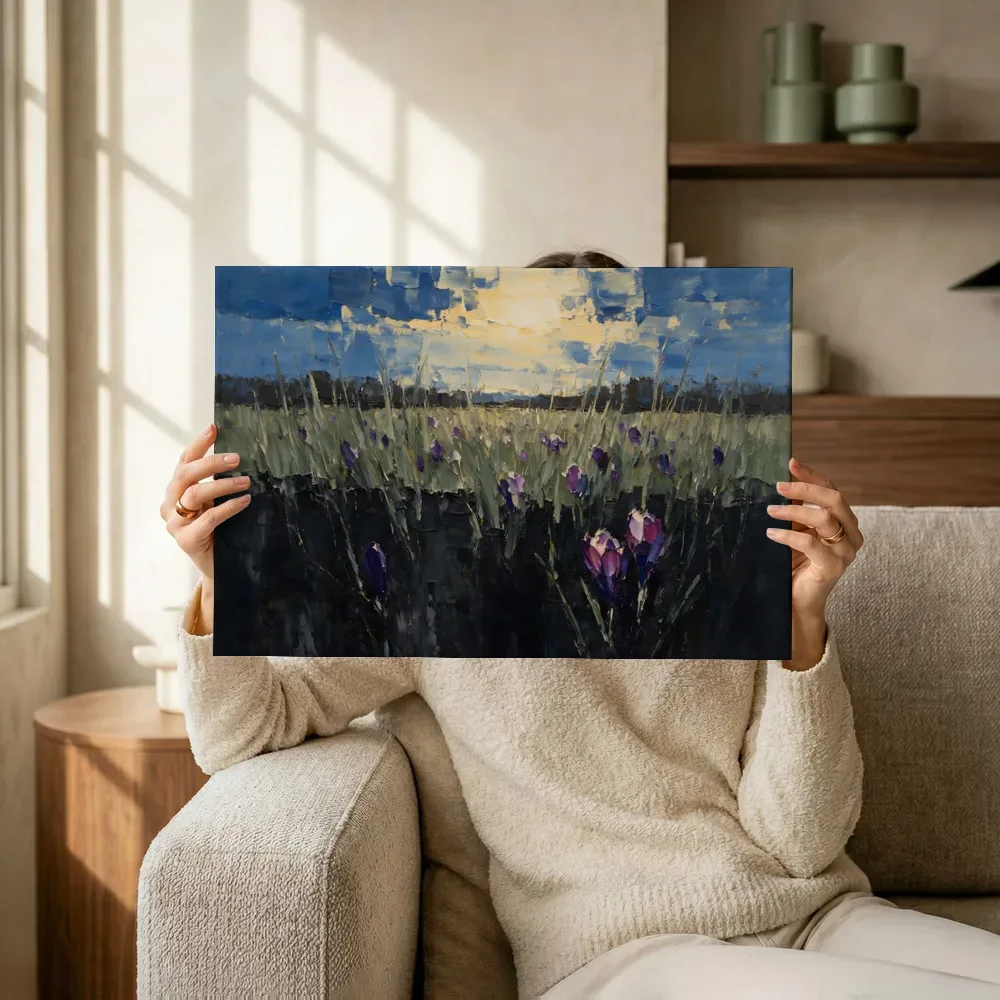 Sfeerimpressie: Krokus in de weide in violet terwijl het omhoog wordt gehouden