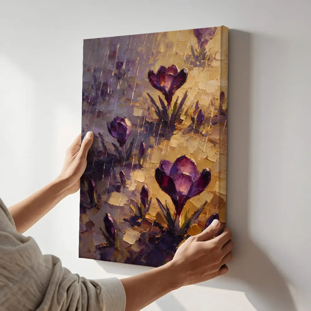 Sfeerimpressie: Krokus in groepjes in aubergine terwijl het aan de muur wordt gehangen