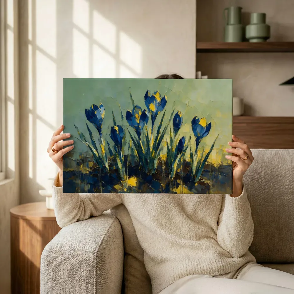 Sfeerimpressie: Krokus in groepjes in blauwgeel terwijl het omhoog wordt gehouden