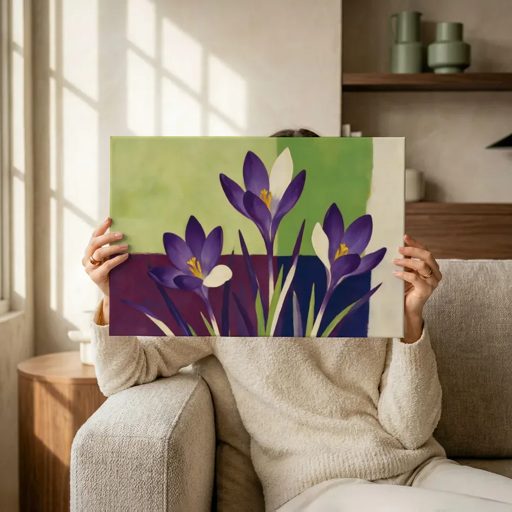 Sfeerimpressie: Krokus in violet en limoen terwijl het omhoog wordt gehouden