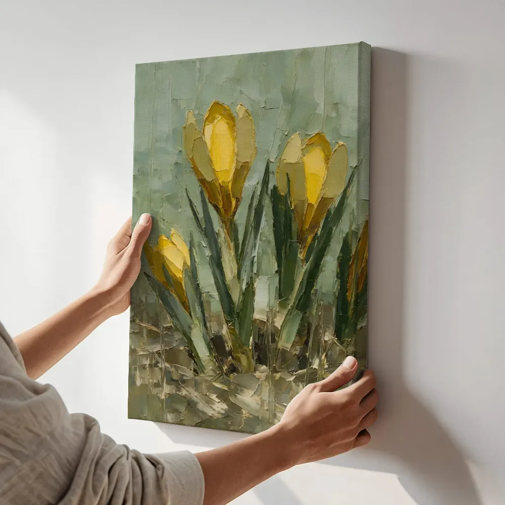 Sfeerimpressie: Krokus van dichtbij in mosterd terwijl het aan de muur wordt gehangen