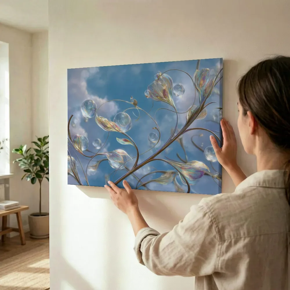 Sfeerimpressie: Kronkelende glasbloemen in de lucht terwijl het wordt opgehangen