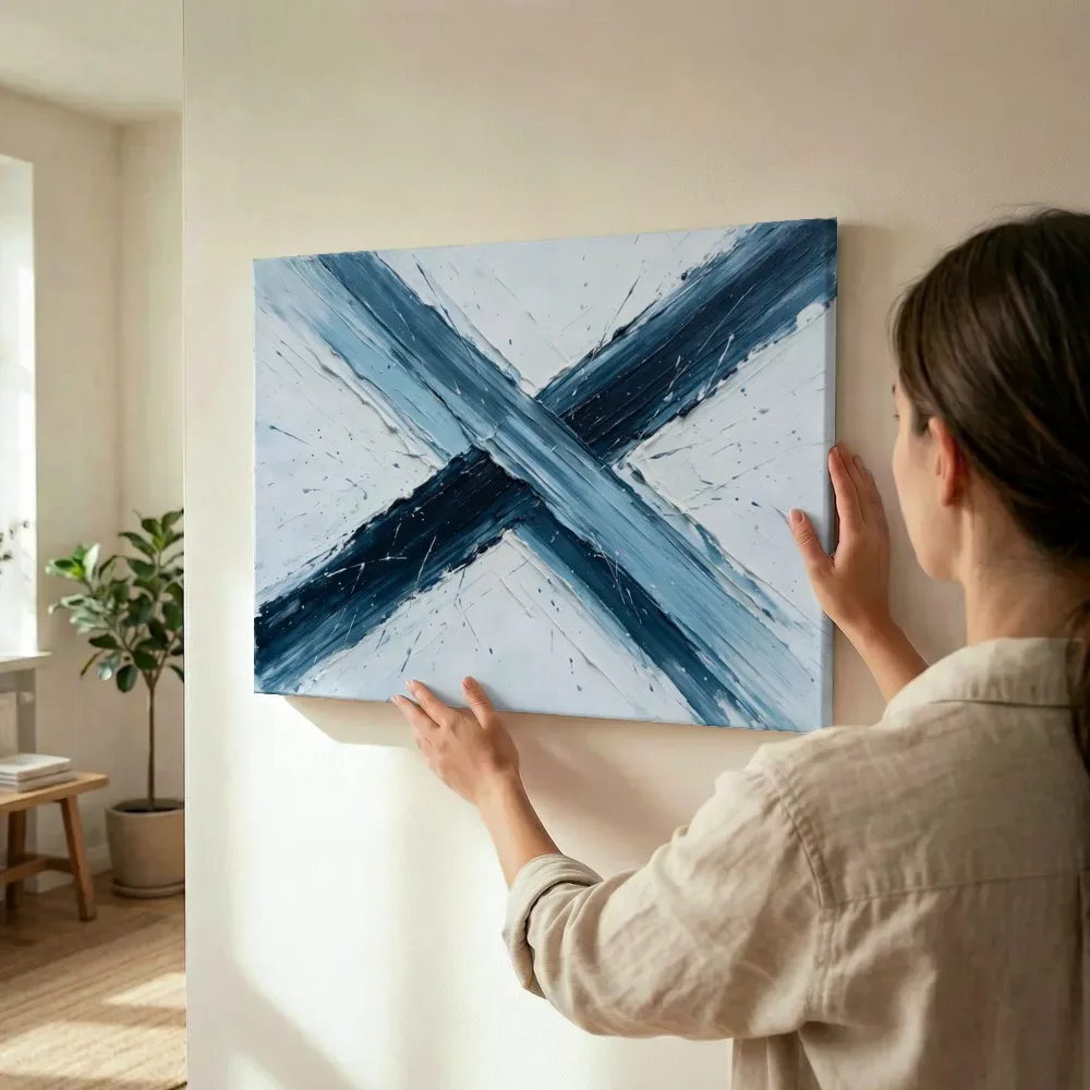 Sfeerimpressie: Kruisende Diagonalen Kwastslag in Arctisch Mono terwijl het wordt opgehangen