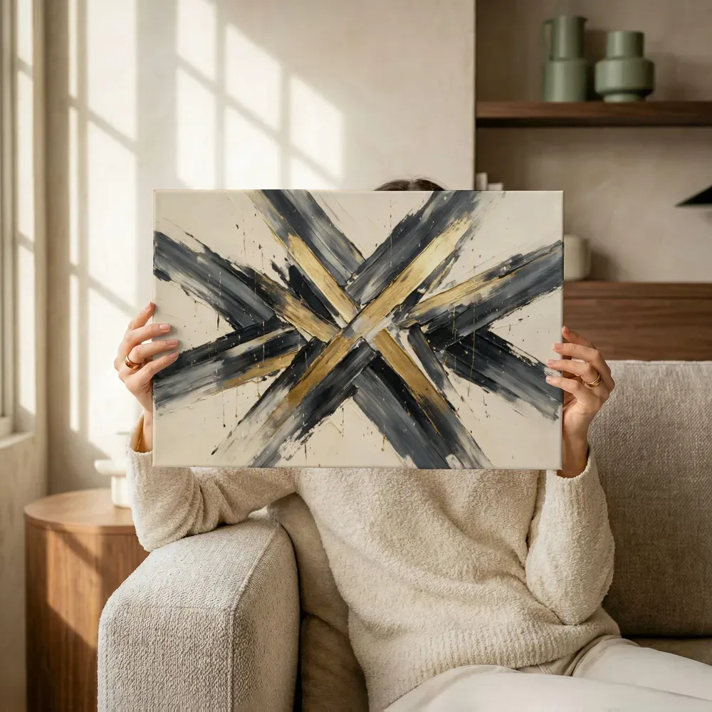 Sfeerimpressie: Kruisende Diagonalen Kwastslag in Grafiet en Goud terwijl het omhoog wordt gehouden