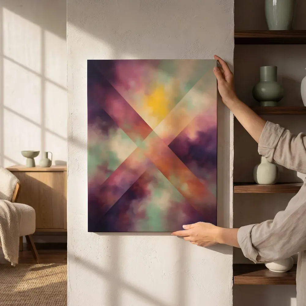 Sfeerimpressie: Kruisende Diagonalen Nevel in Fel Magenta naast de kast