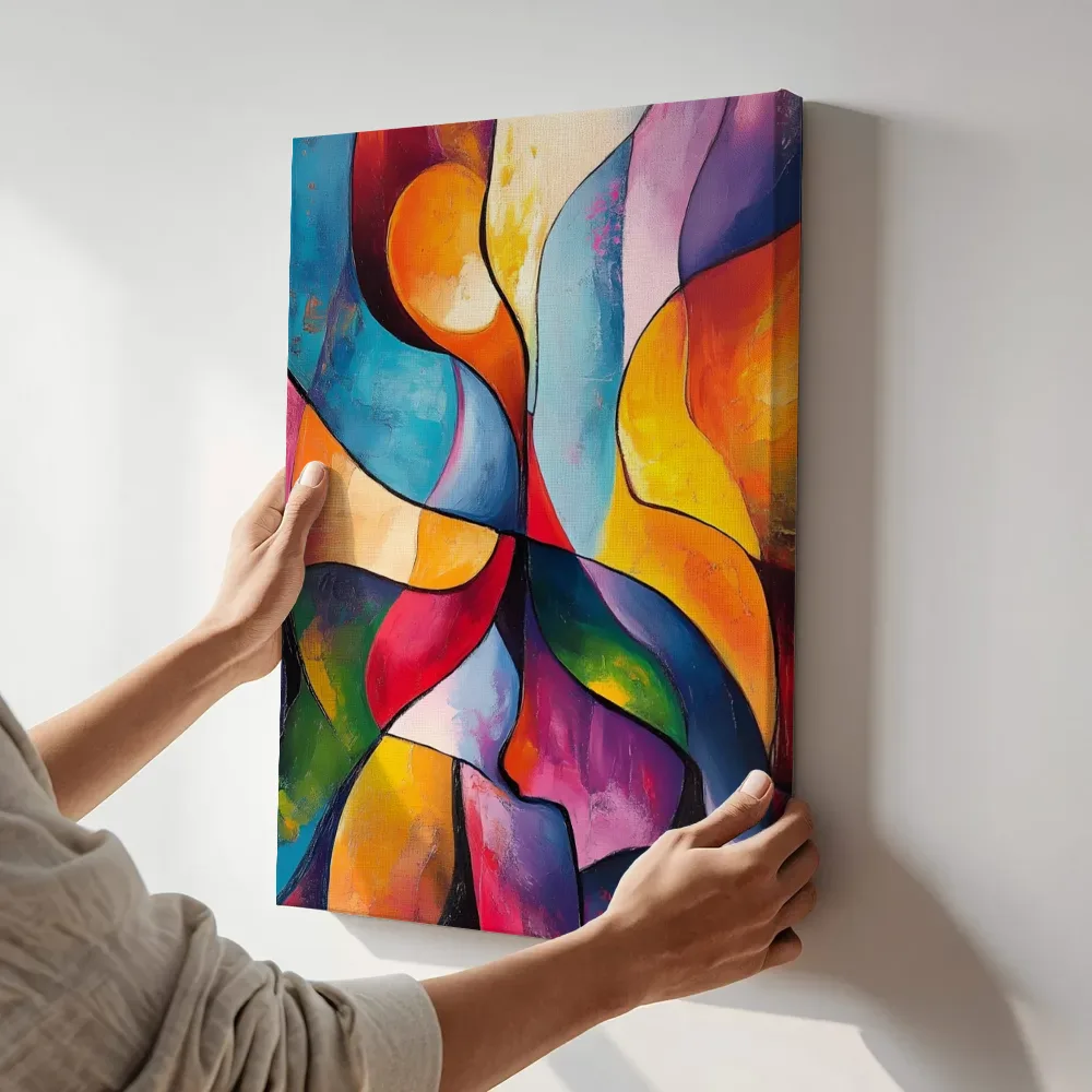 Sfeerimpressie: Kubistische compositie in blauw en oranje terwijl het aan de muur wordt gehangen