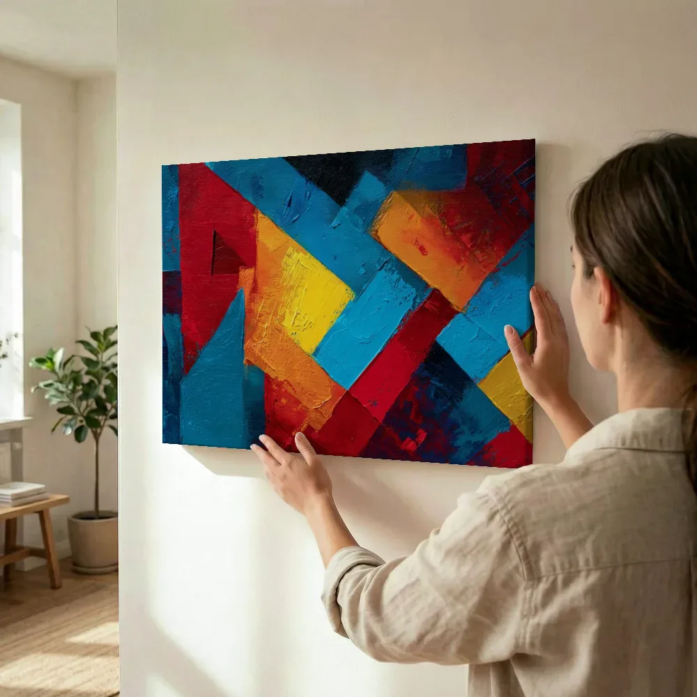Sfeerimpressie: Kubistische kleurvlakken compositie terwijl het wordt opgehangen