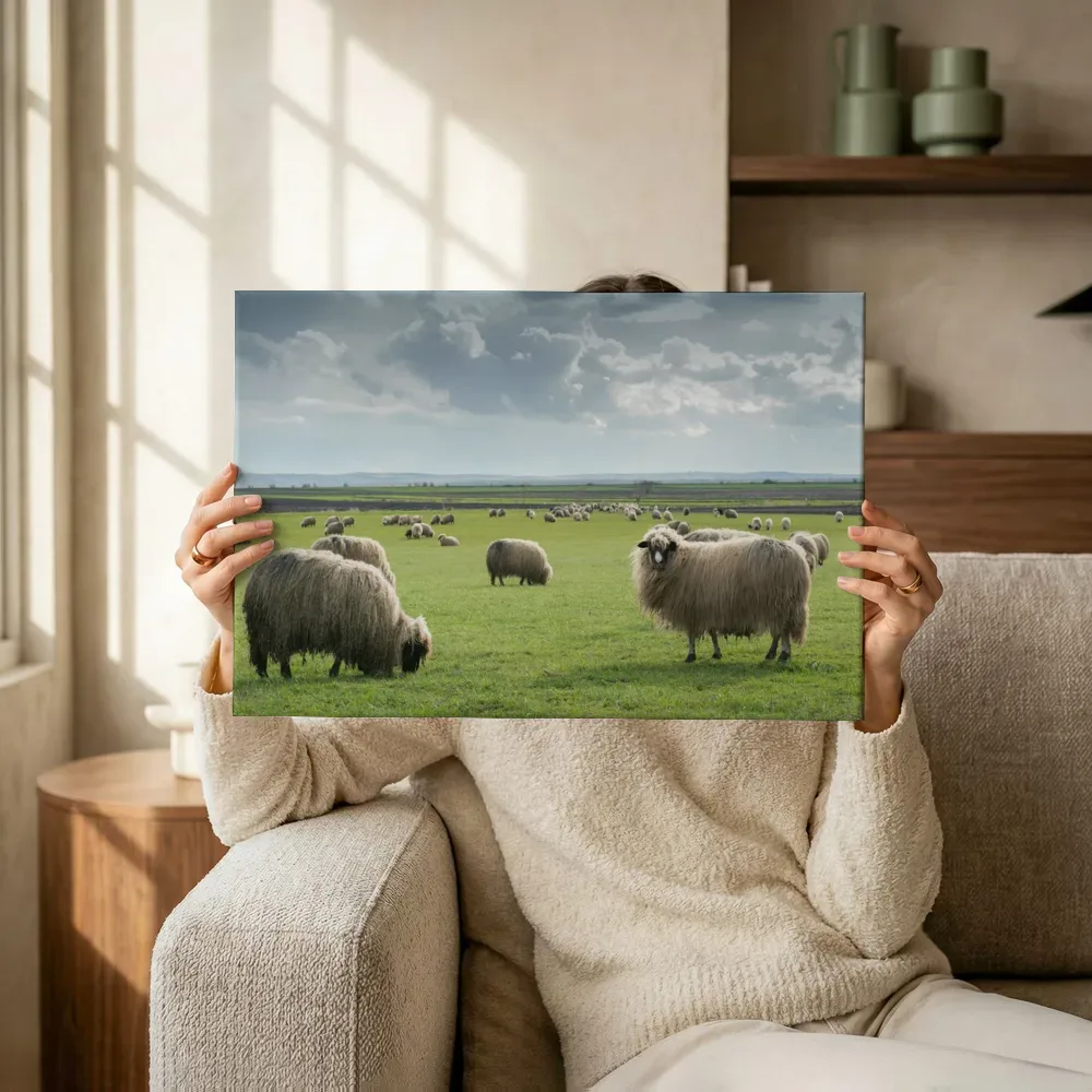 Sfeerimpressie: Kudde schapen in weids grasland terwijl het omhoog wordt gehouden