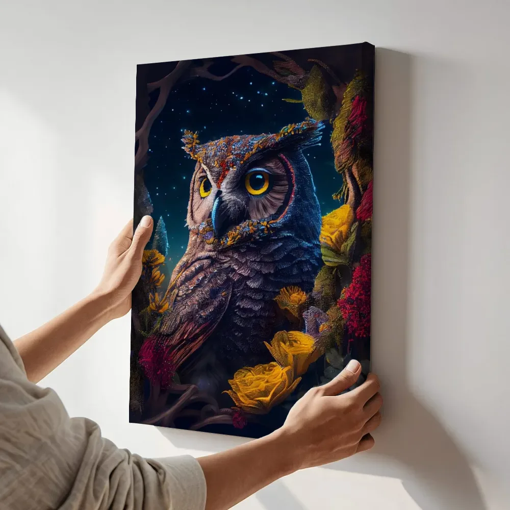 Sfeerimpressie: Kunstzinnige uil bij nacht terwijl het aan de muur wordt gehangen