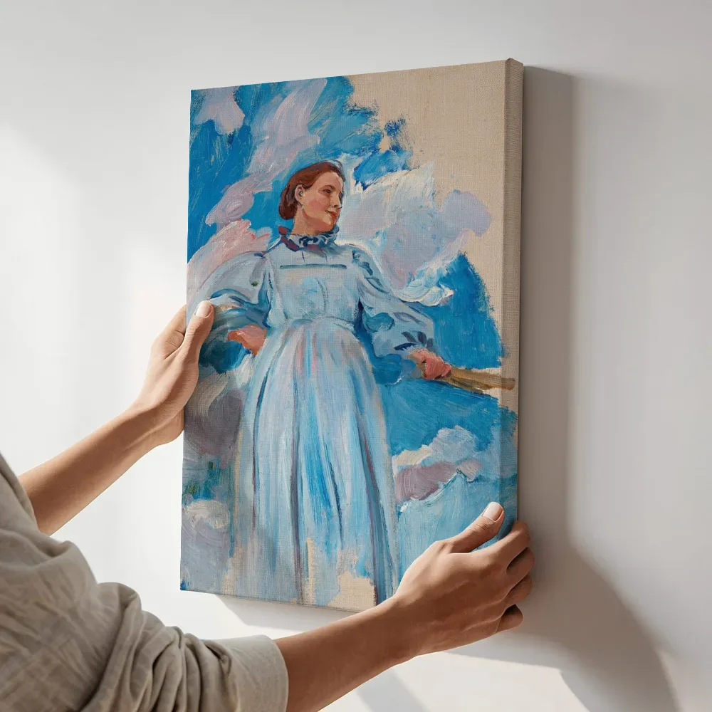 Sfeerimpressie: Kvinnofigur och himmel van Carl Larsson terwijl het aan de muur wordt gehangen