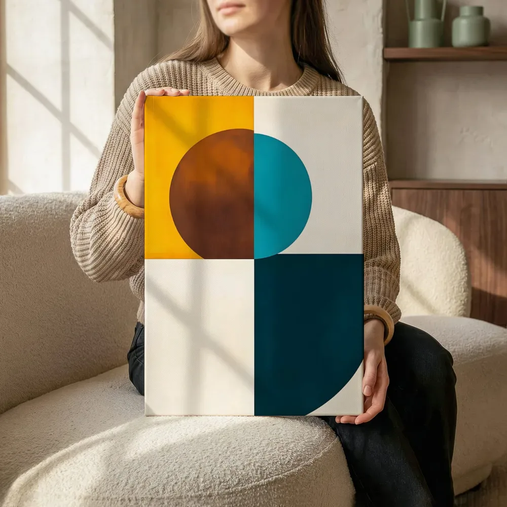 Sfeerimpressie: Kwadranten compositie in bruin, teal en mosterd terwijl het zittend wordt getoond