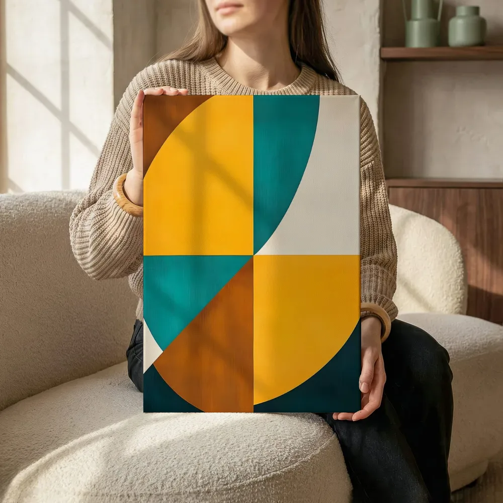 Sfeerimpressie: Kwadranten compositie in mosterd, teal en bruin terwijl het zittend wordt getoond