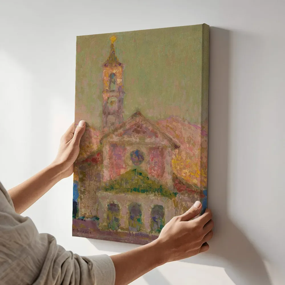 Sfeerimpressie: De kerk aan het Lago Maggiore van Henri Le Sidaner terwijl het aan de muur wordt gehangen