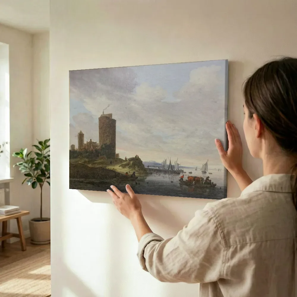 Sfeerimpressie: La Grosse Tour. Paysage fluvial van Salomon van Ruysdael terwijl het wordt opgehangen