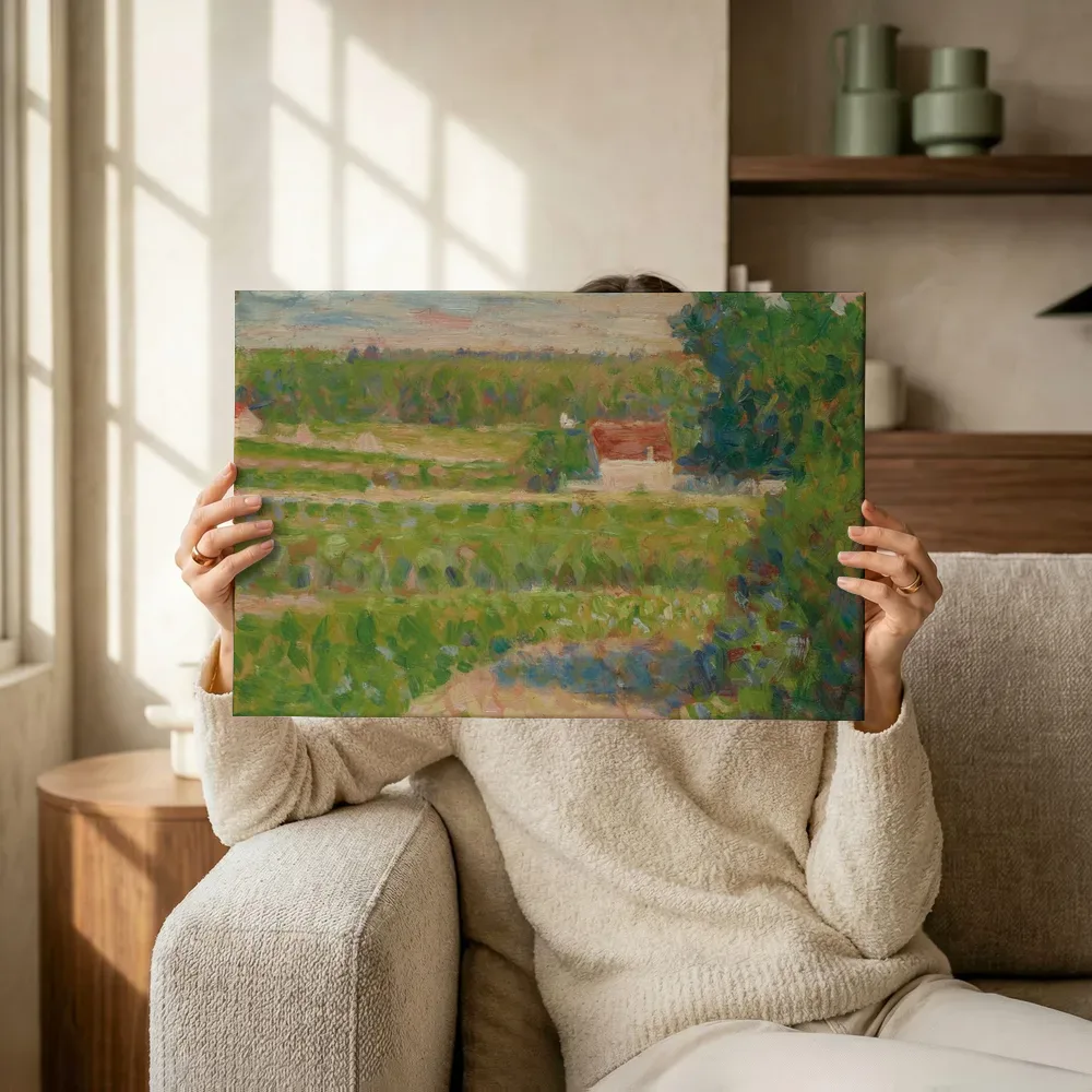 Sfeerimpressie: Het huis met het rode dak van Georges Seurat terwijl het omhoog wordt gehouden