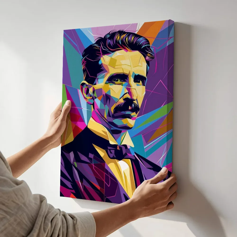 Sfeerimpressie: Laagpolygonaal portret uitvinder terwijl het aan de muur wordt gehangen