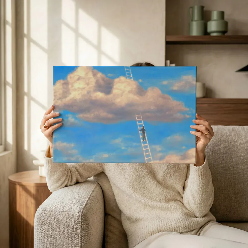 Sfeerimpressie: Ladder naar de wolken terwijl het omhoog wordt gehouden