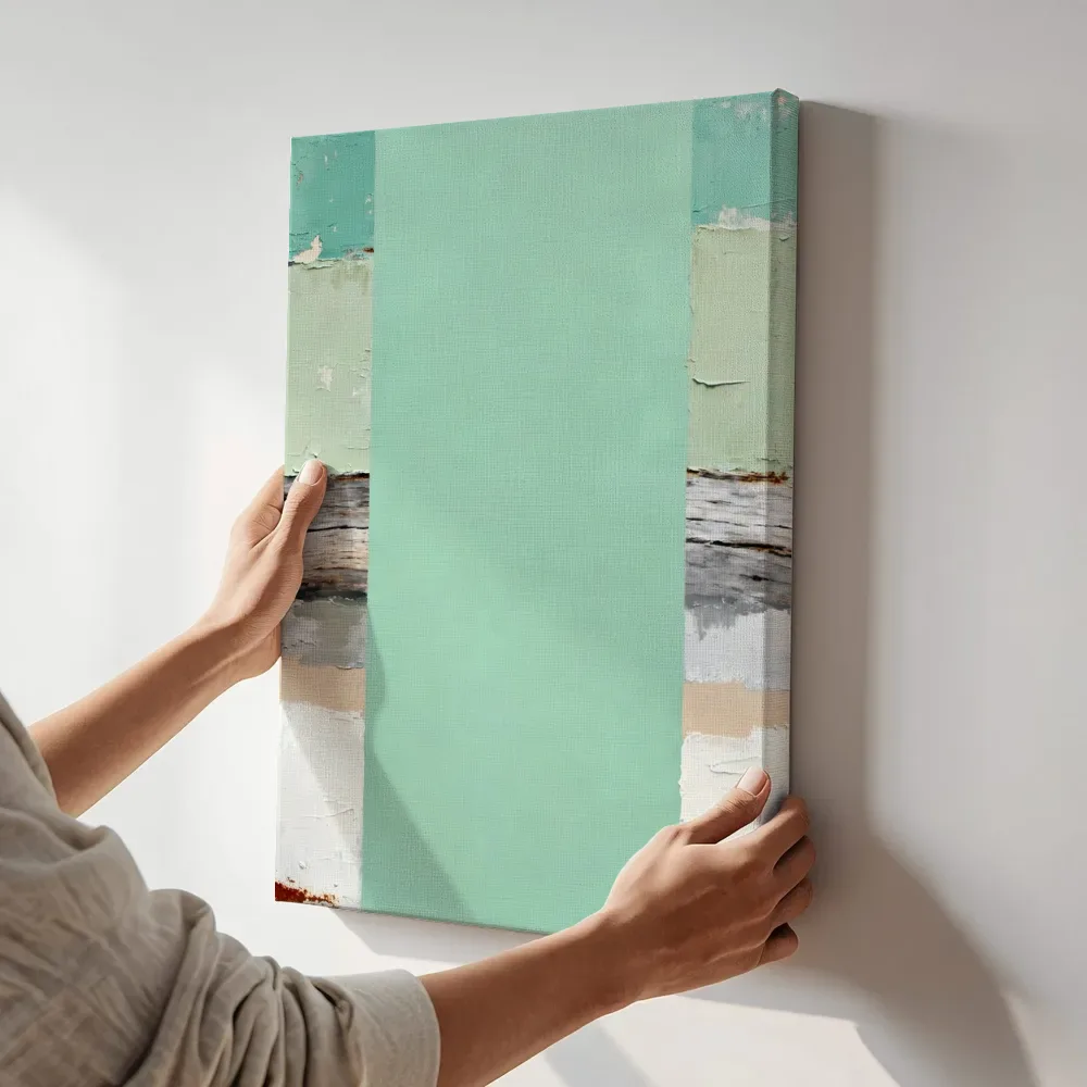 Sfeerimpressie: Lagen in zeegroen terwijl het aan de muur wordt gehangen