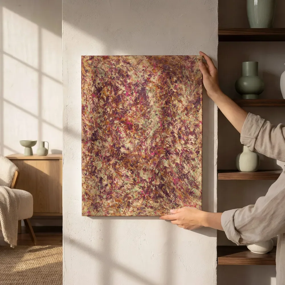 Sfeerimpressie: Lagen Spetter in stoffig mauve terwijl het aan de muur wordt gehangen