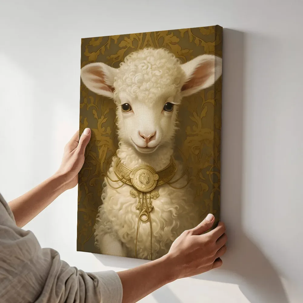 Sfeerimpressie: Lammetje met gouden sieraad terwijl het aan de muur wordt gehangen