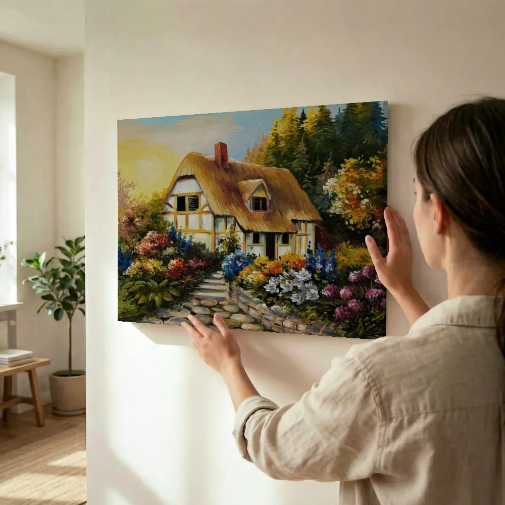 Sfeerimpressie: Landelijke tuin bij het rieten huisje terwijl het wordt opgehangen
