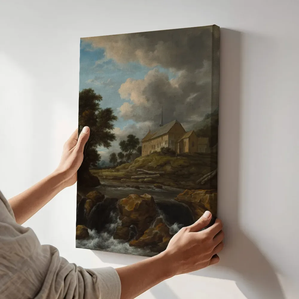 Sfeerimpressie: Landschap met een kerk bij een bergstroom van Jacob van Ruisdael terwijl het aan de muur wordt gehangen