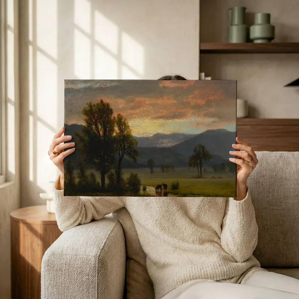 Sfeerimpressie: Landschap met vee van Albert Bierstadt terwijl het omhoog wordt gehouden