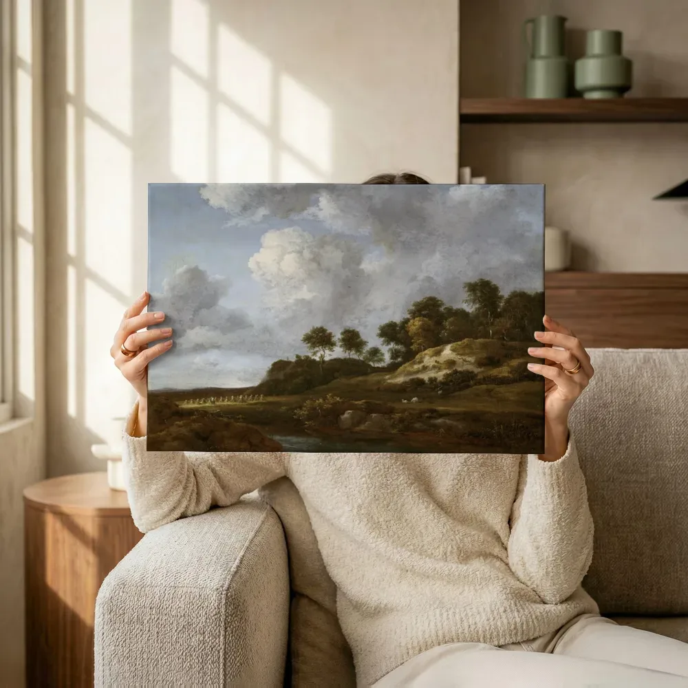 Sfeerimpressie: Landschap met korenvelden van Jacob van Ruisdael terwijl het omhoog wordt gehouden