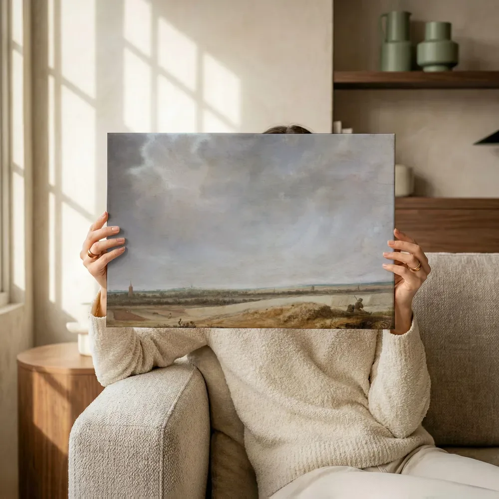 Sfeerimpressie: Landschap met korenvelden van Salomon van Ruysdael terwijl het omhoog wordt gehouden
