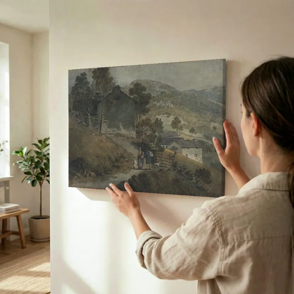 Sfeerimpressie: Landschap met huisjes en figuren van James Ward terwijl het wordt opgehangen