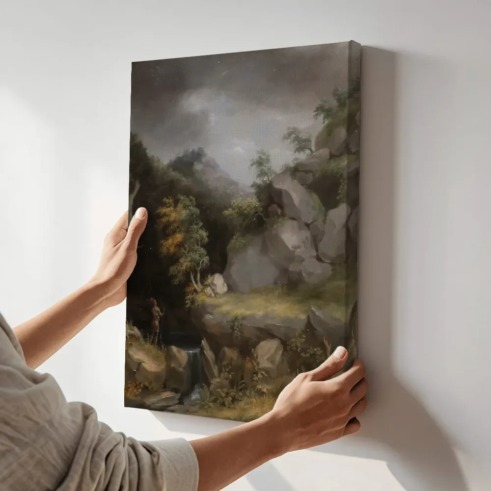 Sfeerimpressie: Landschap met indiaan van Thomas Cole terwijl het aan de muur wordt gehangen