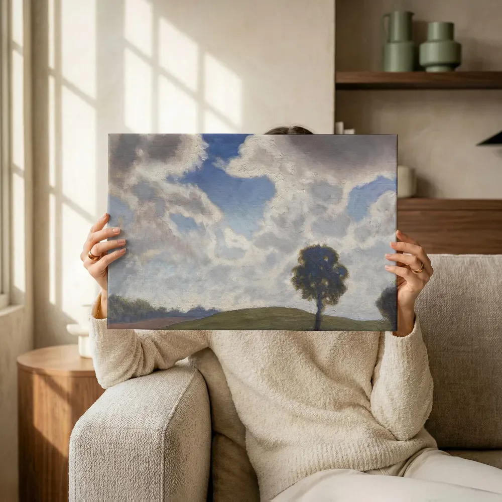 Sfeerimpressie: Landschap met gesilhouetteerde boom van George Clausen terwijl het omhoog wordt gehouden