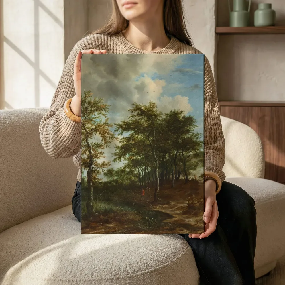 Sfeerimpressie: Landschap met hoge bomen van Jacob van Ruisdael terwijl het zittend wordt getoond