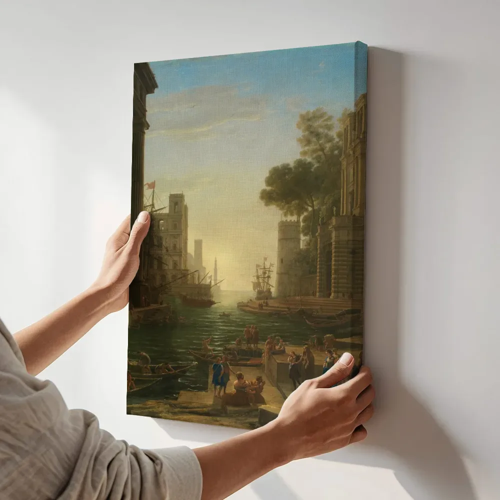 Sfeerimpressie: Landschap met de inscheping van de heilige Paula Romana in Ostia van Claude Lorrain terwijl het aan de muur wordt gehangen