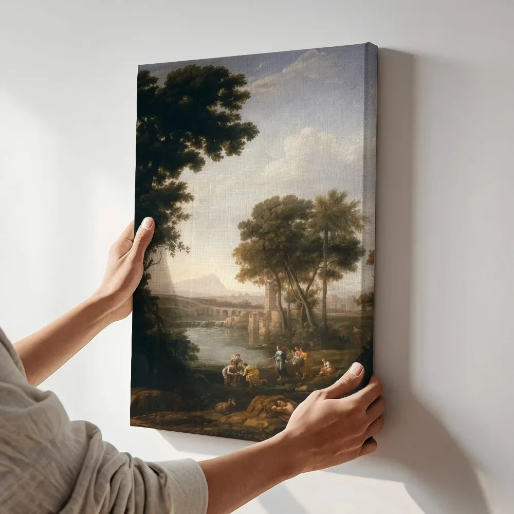 Sfeerimpressie: Landschap met de vondst van Mozes van Claude Lorrain terwijl het aan de muur wordt gehangen