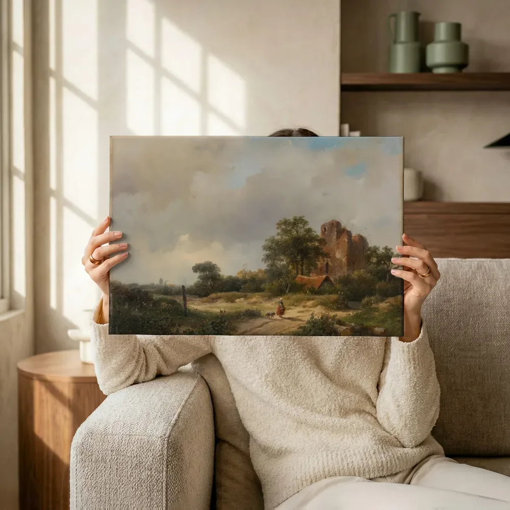 Sfeerimpressie: Landschap met de ruïne van het kasteel Brederode in Santpoort van Andreas Schelfhout terwijl het omhoog wordt gehouden