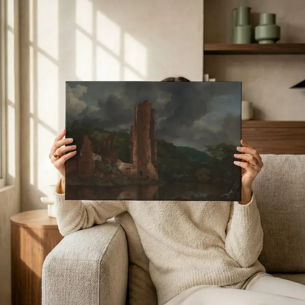 Sfeerimpressie: Landschap met de ruïne van het kasteel van Egmond van Jacob van Ruisdael terwijl het omhoog wordt gehouden