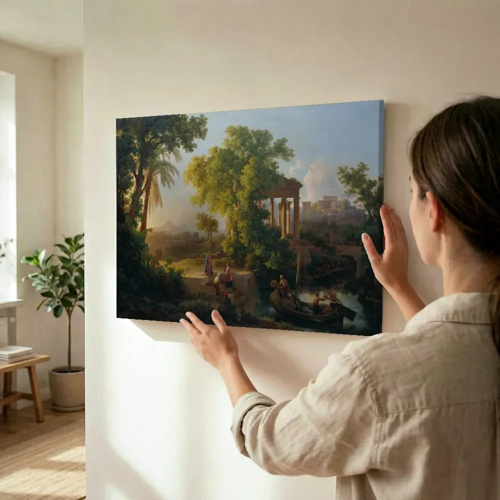 Sfeerimpressie: Landschap met de roeping van de heilige Petrus van Károly Markó terwijl het wordt opgehangen