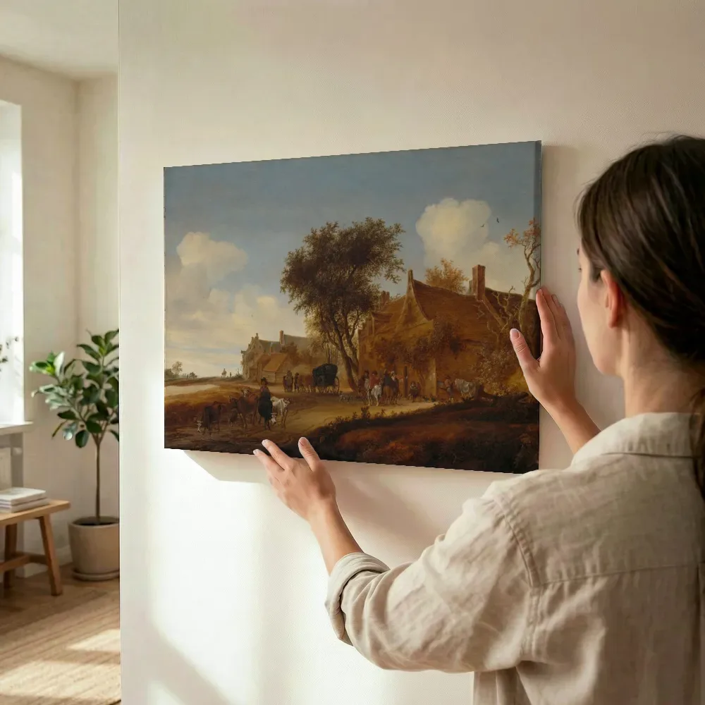 Sfeerimpressie: Landschap met reizigers voor een herberg van Salomon van Ruysdael terwijl het wordt opgehangen