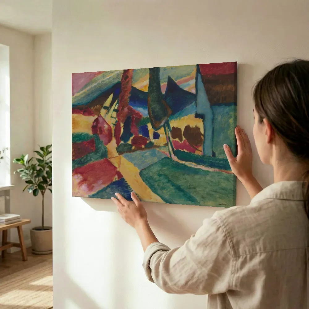 Sfeerimpressie: Landschap met twee populieren van Wassily Kandinsky terwijl het wordt opgehangen