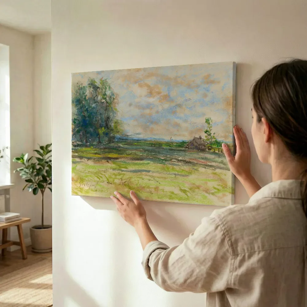 Sfeerimpressie: Landschap met boerderij van Alfred Sisley terwijl het wordt opgehangen