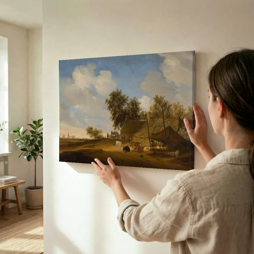 Sfeerimpressie: Landschap met boerenhofstede van Salomon van Ruysdael terwijl het wordt opgehangen