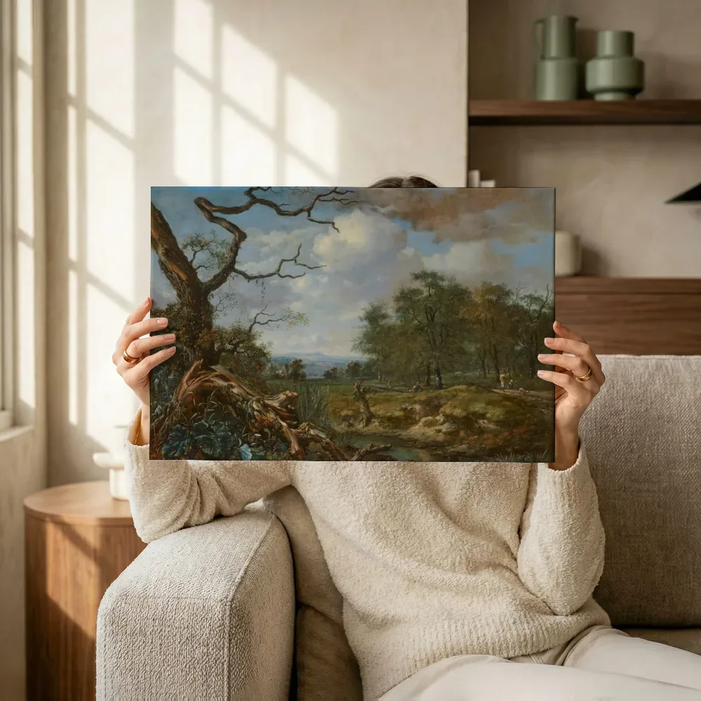 Sfeerimpressie: Landschap met bosrand van Jan Wijnants terwijl het omhoog wordt gehouden