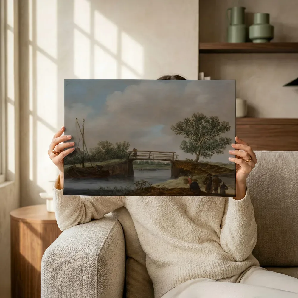 Sfeerimpressie: Landschap met brug, bekend als 'Het bruggetje' van Jan van Goyen terwijl het omhoog wordt gehouden