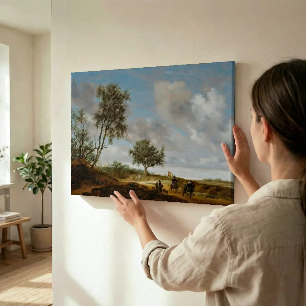 Sfeerimpressie: Landschap met een jachtgezelschap van Salomon van Ruysdael terwijl het wordt opgehangen