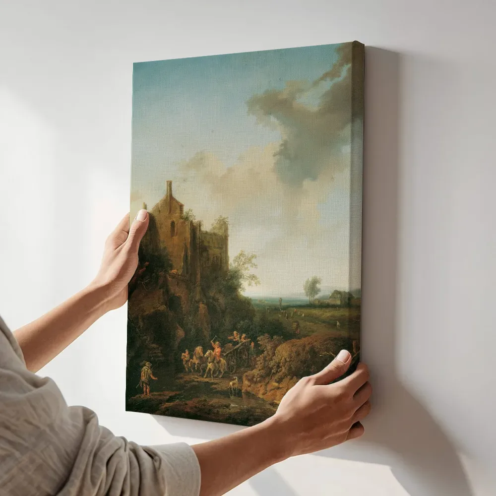 Sfeerimpressie: Landschap met een kasteelruïne nabij een doorwaadbare plek in een beek van Christian Hilfgott Brand terwijl het aan de muur wordt gehangen