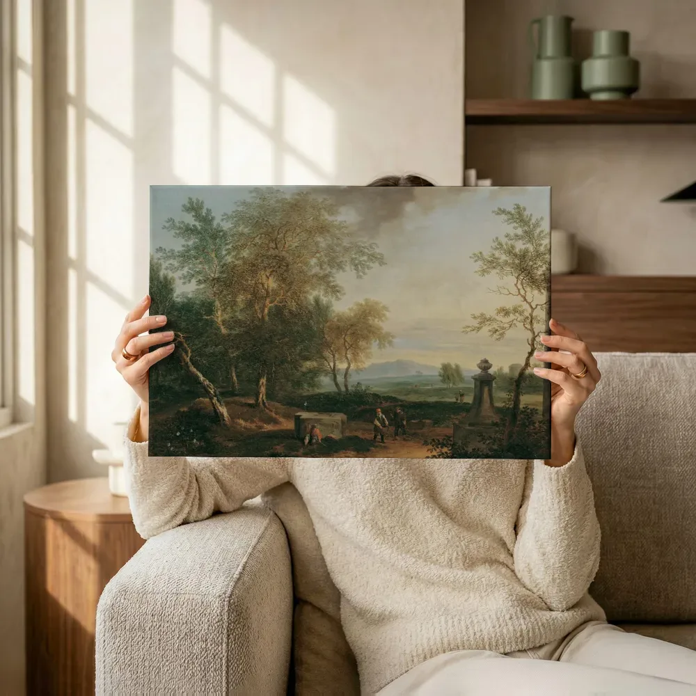 Sfeerimpressie: Landschap met een sokkel van Christian Hilfgott Brand terwijl het omhoog wordt gehouden